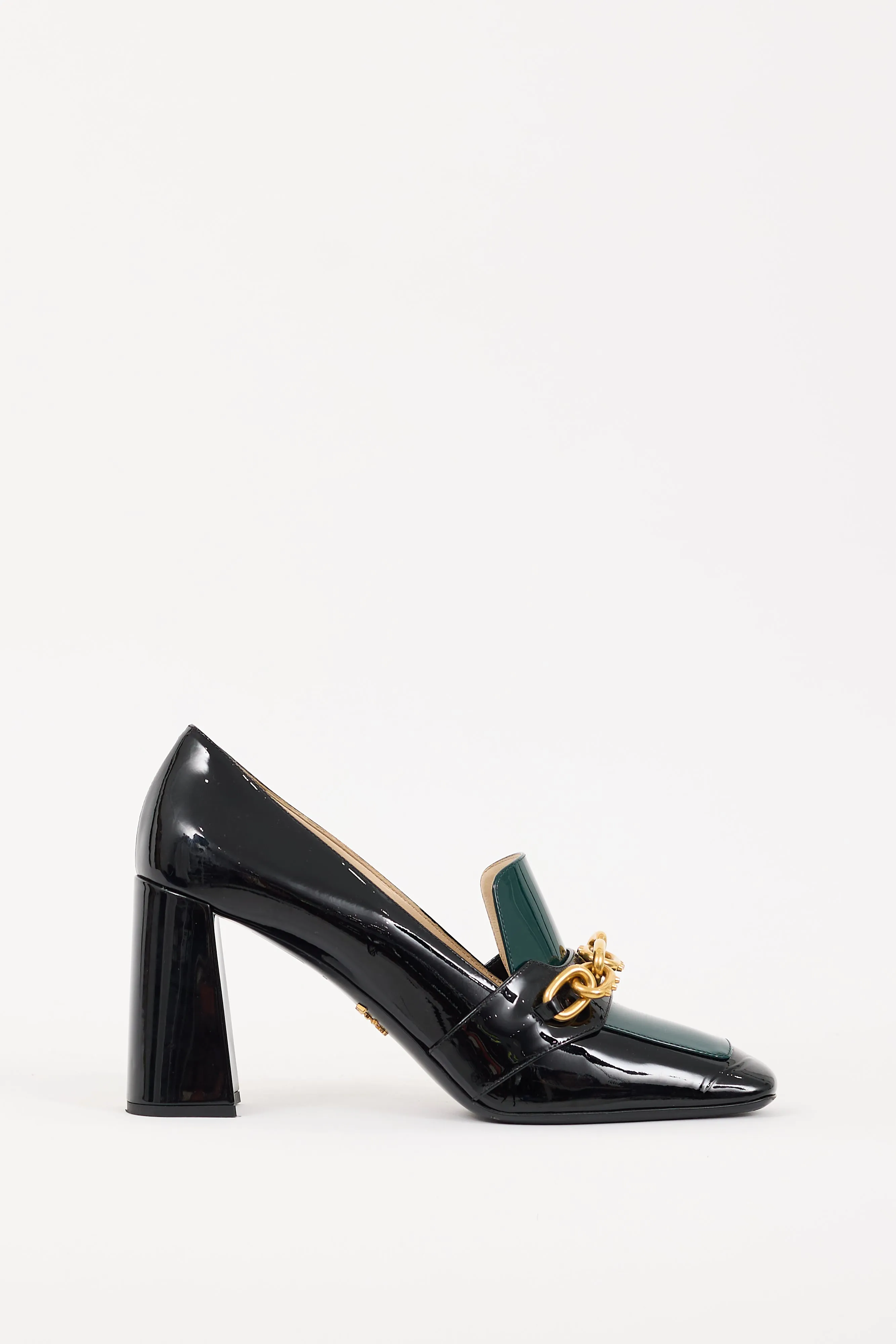 Black & Green Patent Leather Chain Link Heeled Loafer