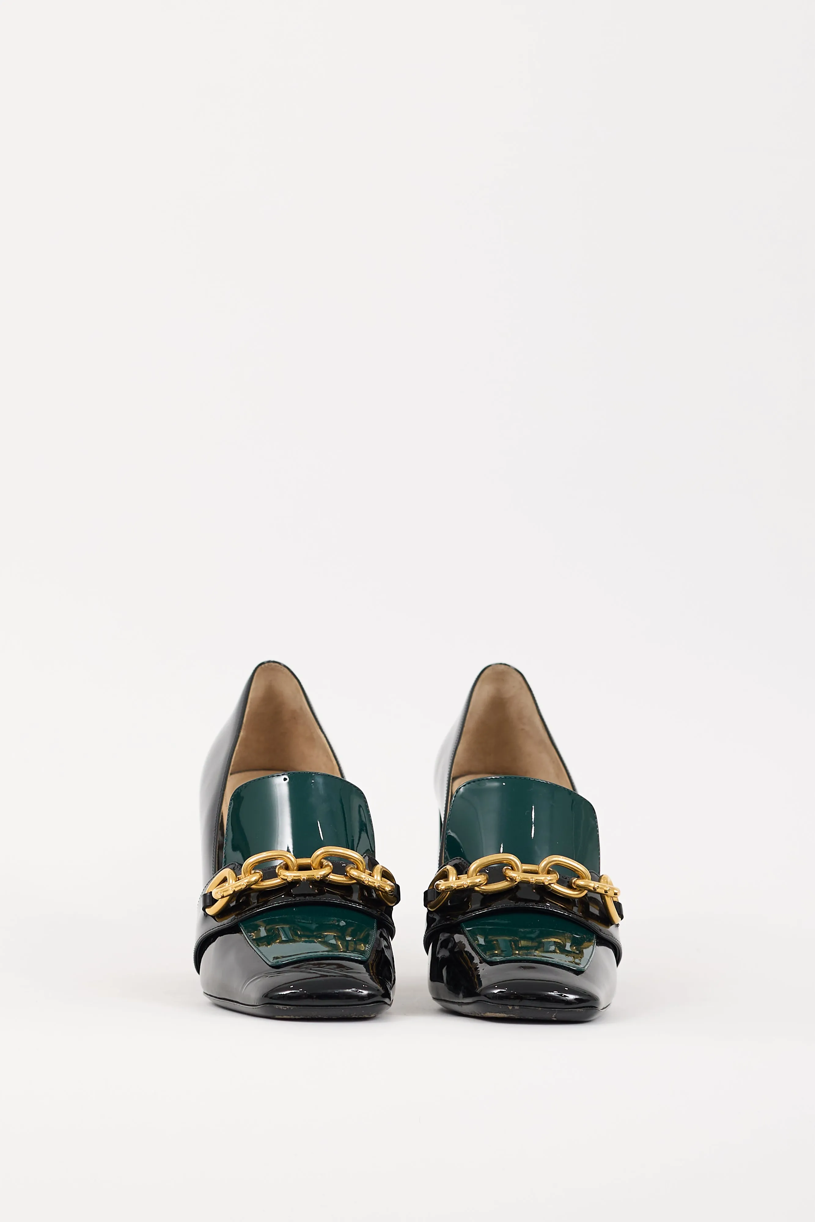 Black & Green Patent Leather Chain Link Heeled Loafer