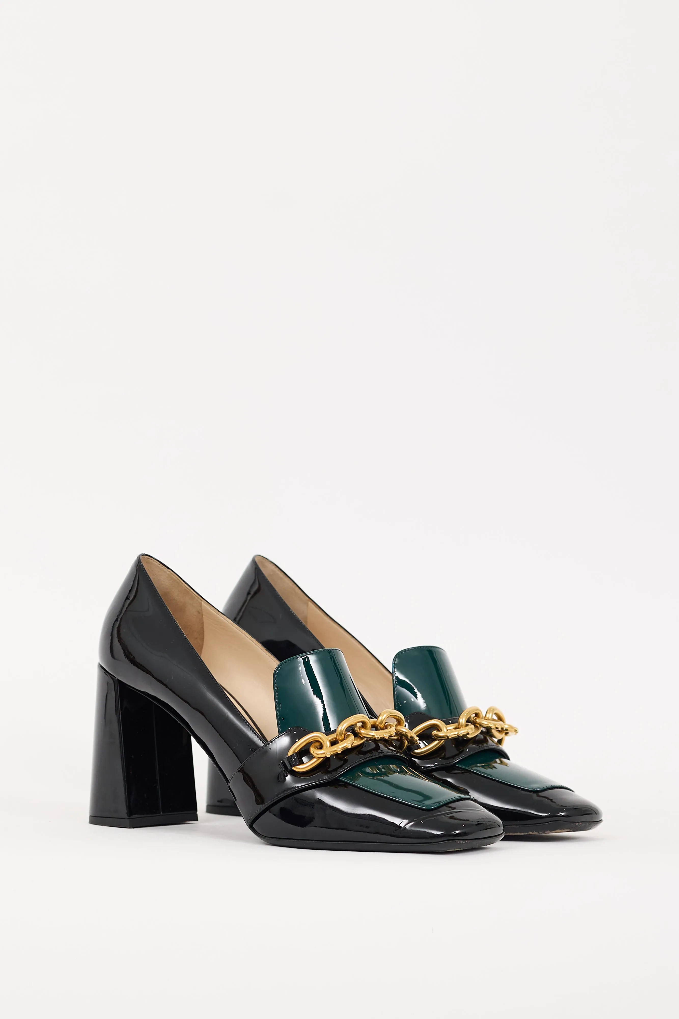 Black & Green Patent Leather Chain Link Heeled Loafer