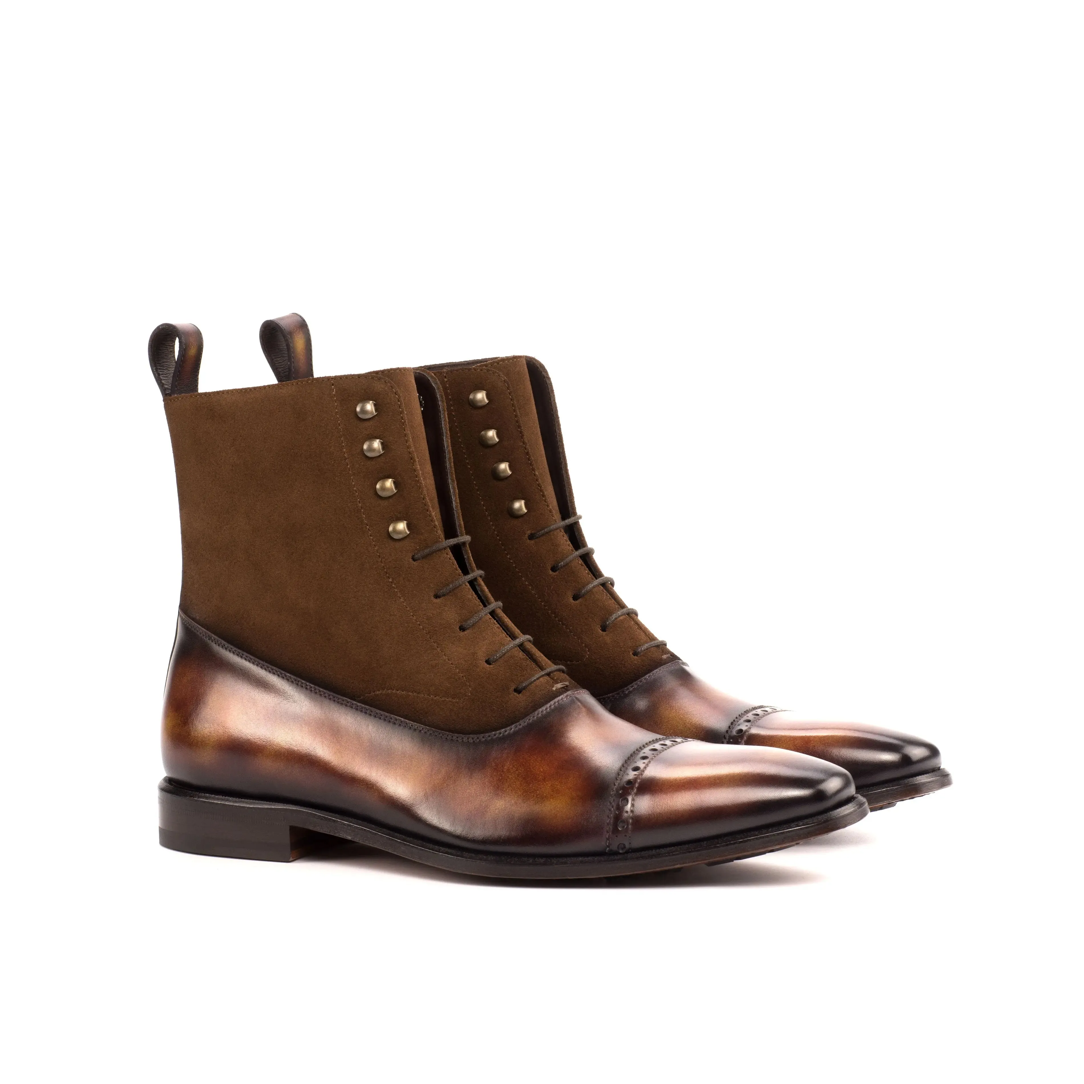 DapperFam Vittorio in Med Brown / Fire Men's Lux Suede & Hand-Painted Patina Balmoral Boot