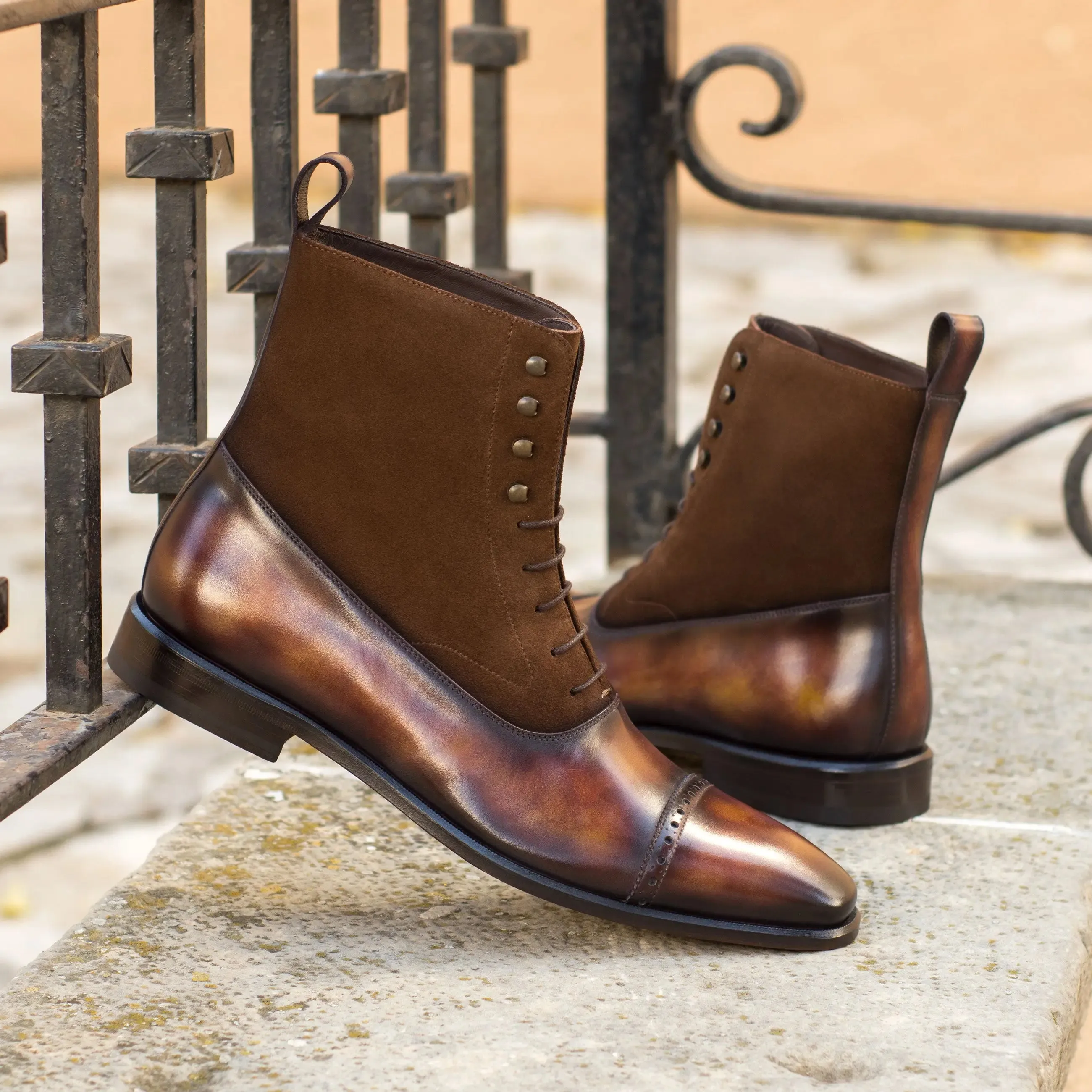 DapperFam Vittorio in Med Brown / Fire Men's Lux Suede & Hand-Painted Patina Balmoral Boot