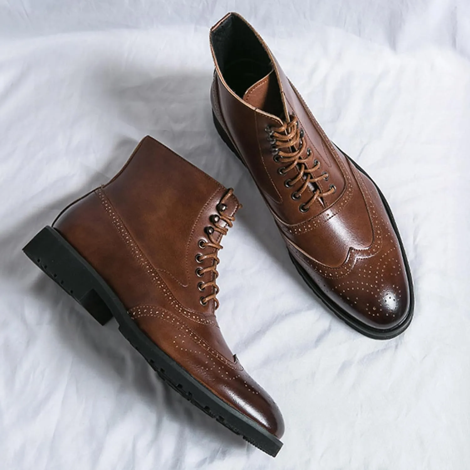Ephirebra Men's Leather Brogue Wingtips Lace-Up Dress Oxford Boots Comfortable Non-Slip Pointed Toe High-Top Retro Ankle Boots