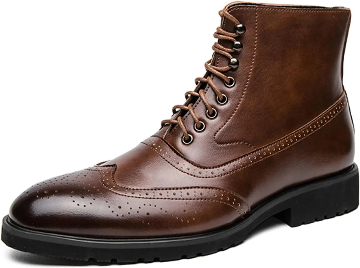 Ephirebra Men's Leather Brogue Wingtips Lace-Up Dress Oxford Boots Comfortable Non-Slip Pointed Toe High-Top Retro Ankle Boots