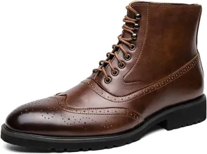 Ephirebra Men's Leather Brogue Wingtips Lace-Up Dress Oxford Boots Comfortable Non-Slip Pointed Toe High-Top Retro Ankle Boots