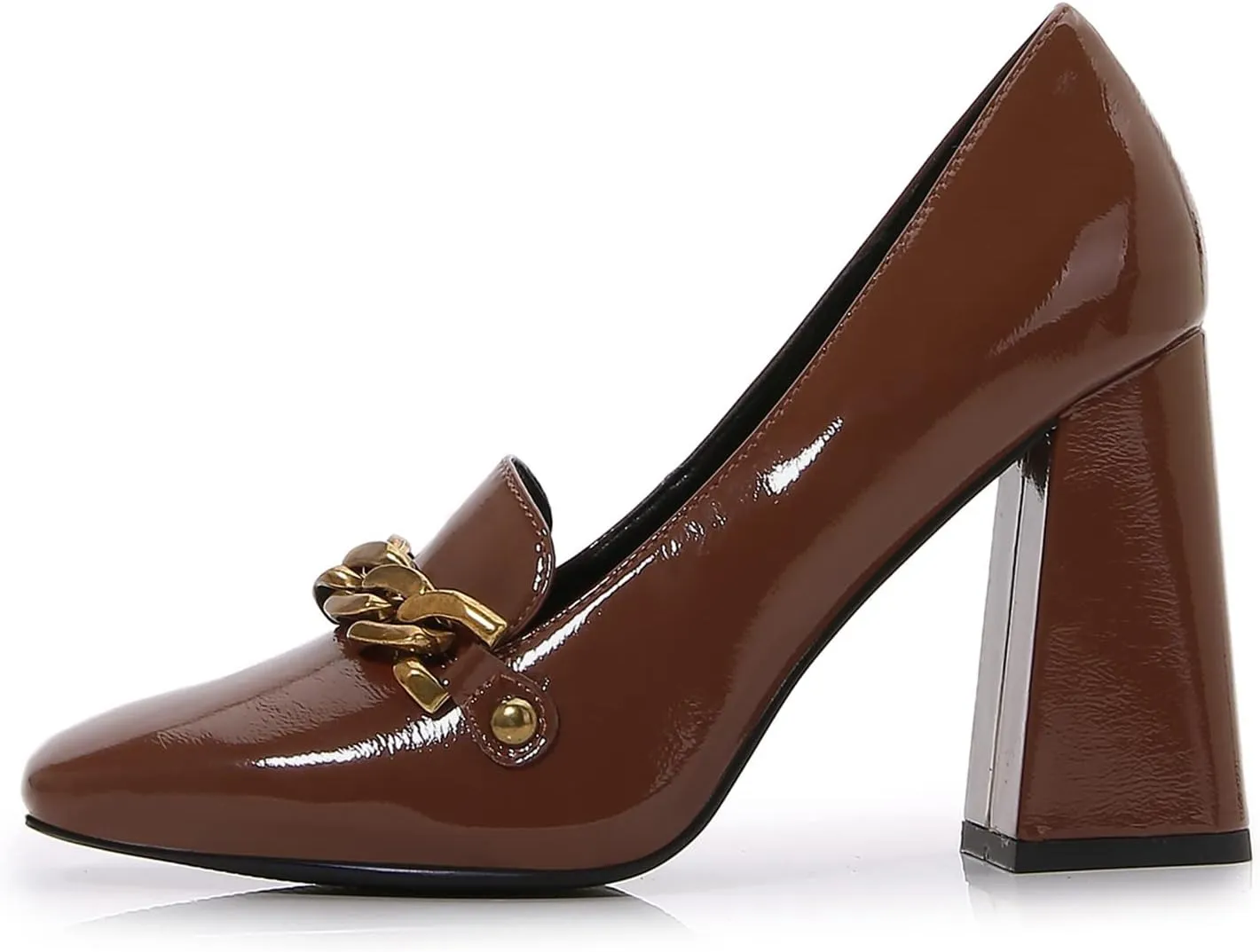 Lutalica W Women's Closed Square Toe Patent Leather Vintage Slip On Chain Buckle Chunky High Heel Dress Loafer Pumps