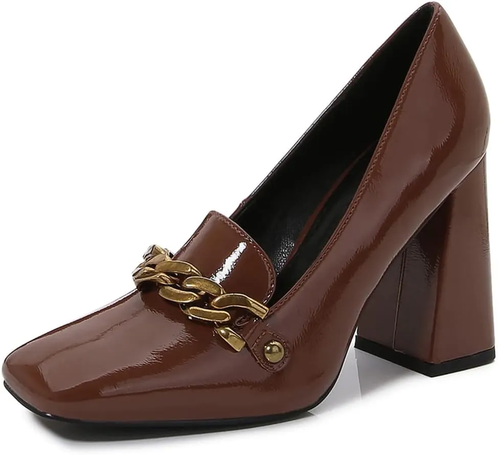 Lutalica W Women's Closed Square Toe Patent Leather Vintage Slip On Chain Buckle Chunky High Heel Dress Loafer Pumps