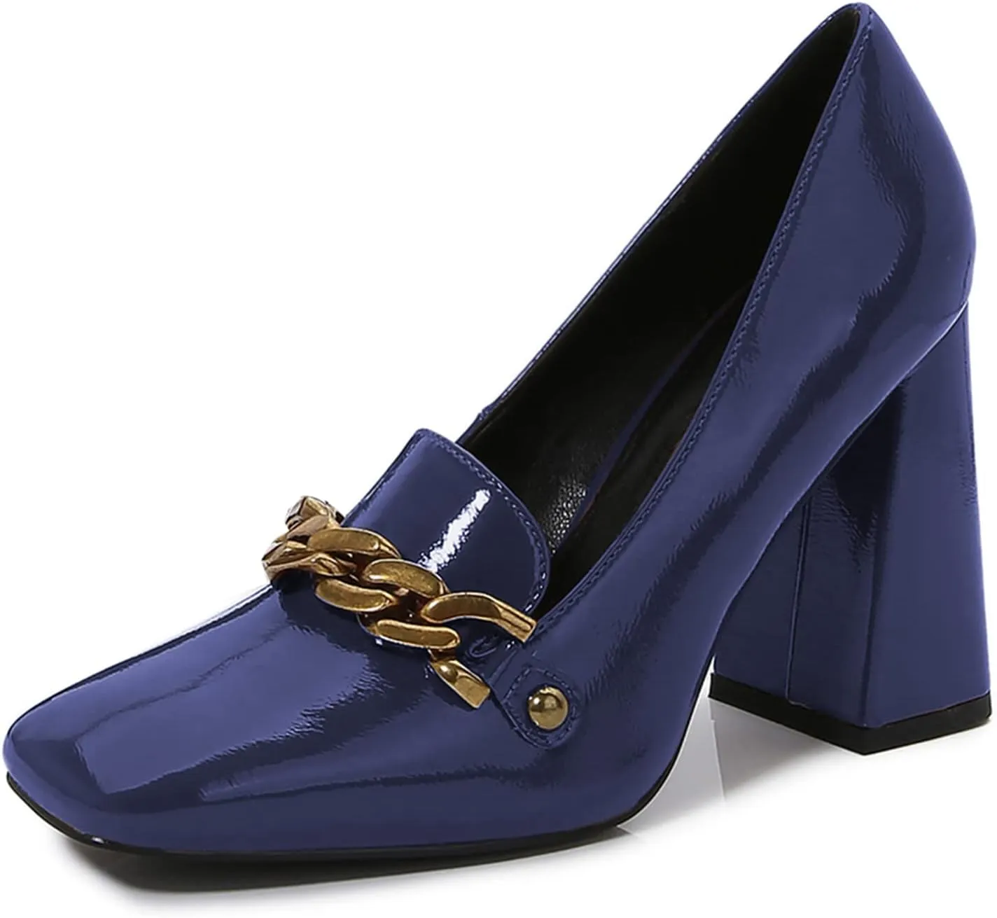 Lutalica W Women's Closed Square Toe Patent Leather Vintage Slip On Chain Buckle Chunky High Heel Dress Loafer Pumps