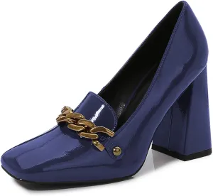 Lutalica W Women's Closed Square Toe Patent Leather Vintage Slip On Chain Buckle Chunky High Heel Dress Loafer Pumps