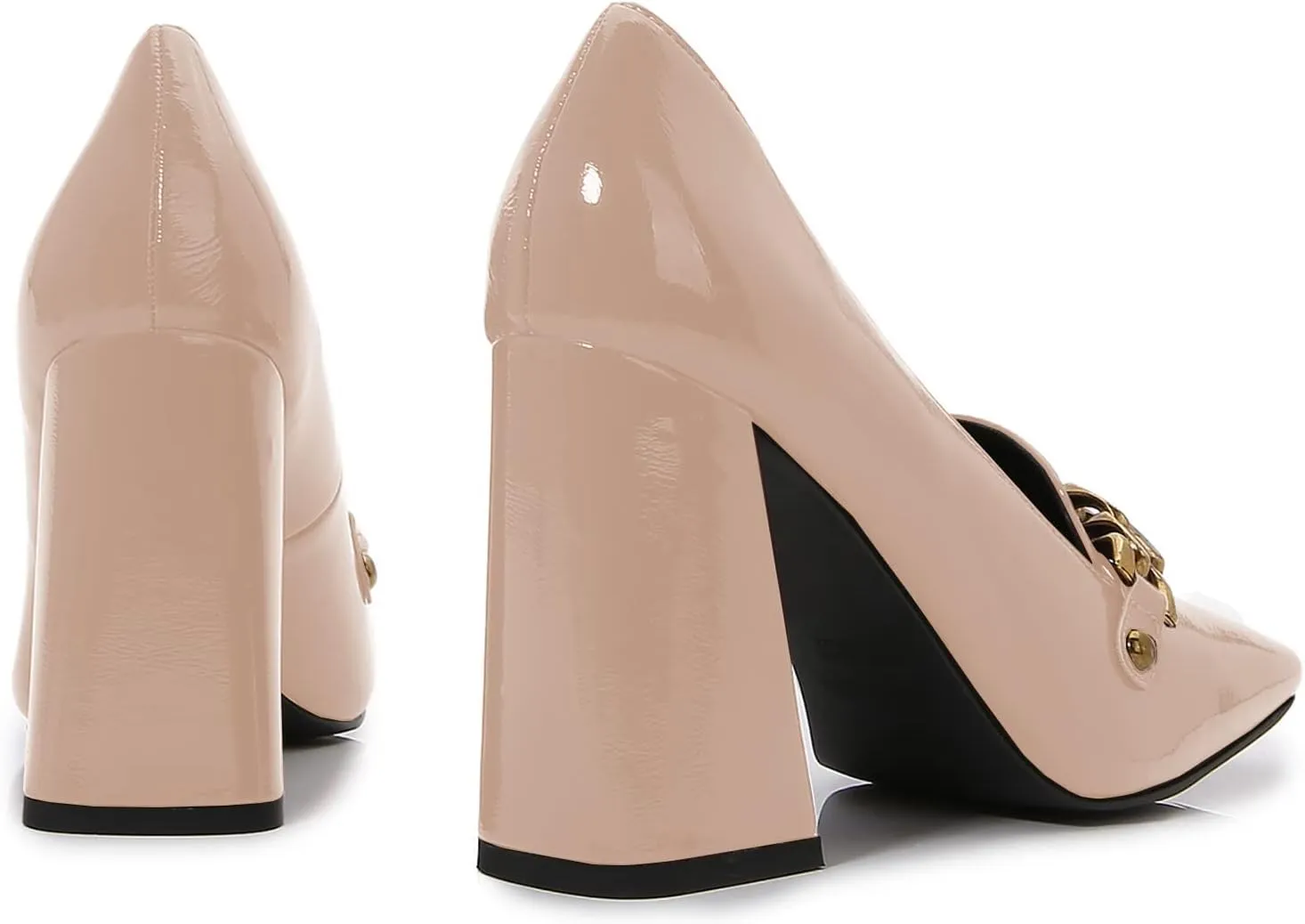 Lutalica W Women's Closed Square Toe Patent Leather Vintage Slip On Chain Buckle Chunky High Heel Dress Loafer Pumps