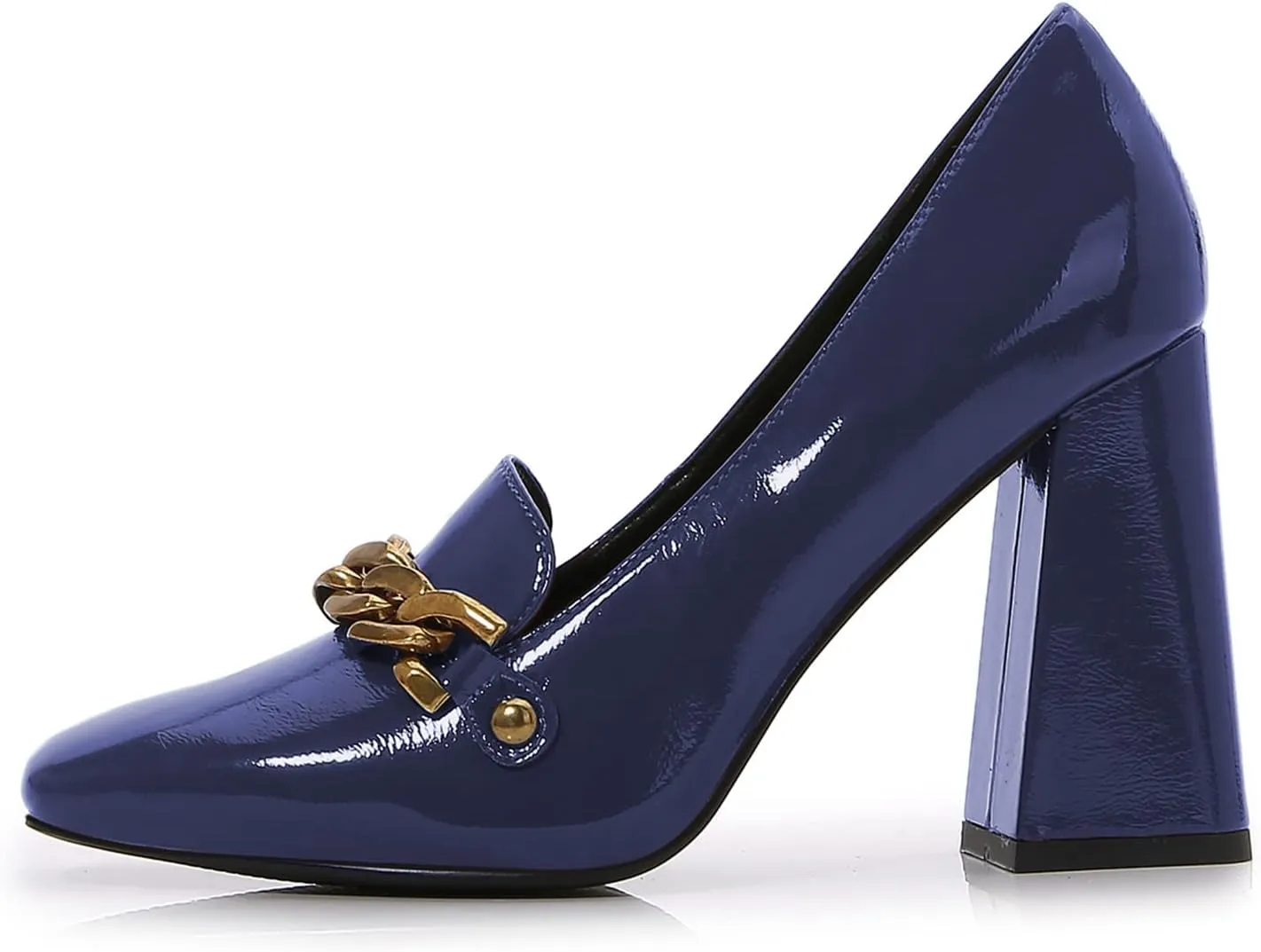 Lutalica W Women's Closed Square Toe Patent Leather Vintage Slip On Chain Buckle Chunky High Heel Dress Loafer Pumps