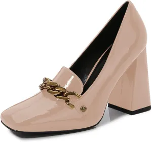 Lutalica W Women's Closed Square Toe Patent Leather Vintage Slip On Chain Buckle Chunky High Heel Dress Loafer Pumps