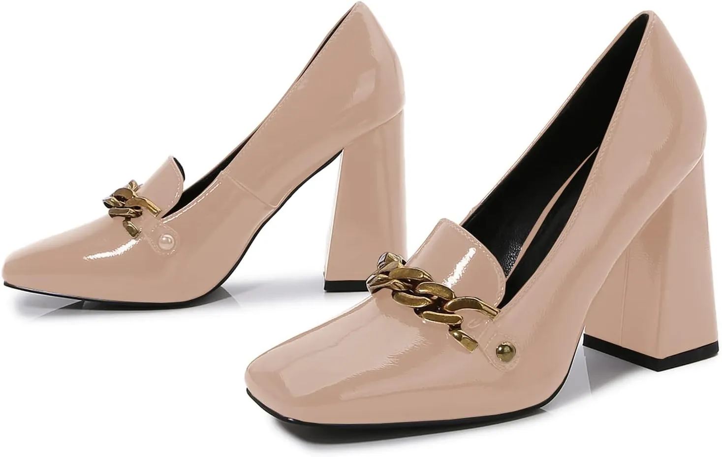 Lutalica W Women's Closed Square Toe Patent Leather Vintage Slip On Chain Buckle Chunky High Heel Dress Loafer Pumps