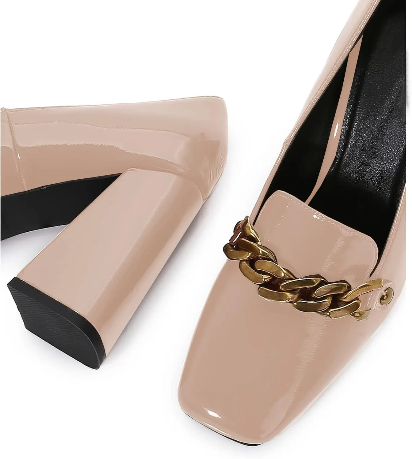 Lutalica W Women's Closed Square Toe Patent Leather Vintage Slip On Chain Buckle Chunky High Heel Dress Loafer Pumps