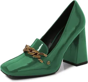 Lutalica W Women's Closed Square Toe Patent Leather Vintage Slip On Chain Buckle Chunky High Heel Dress Loafer Pumps