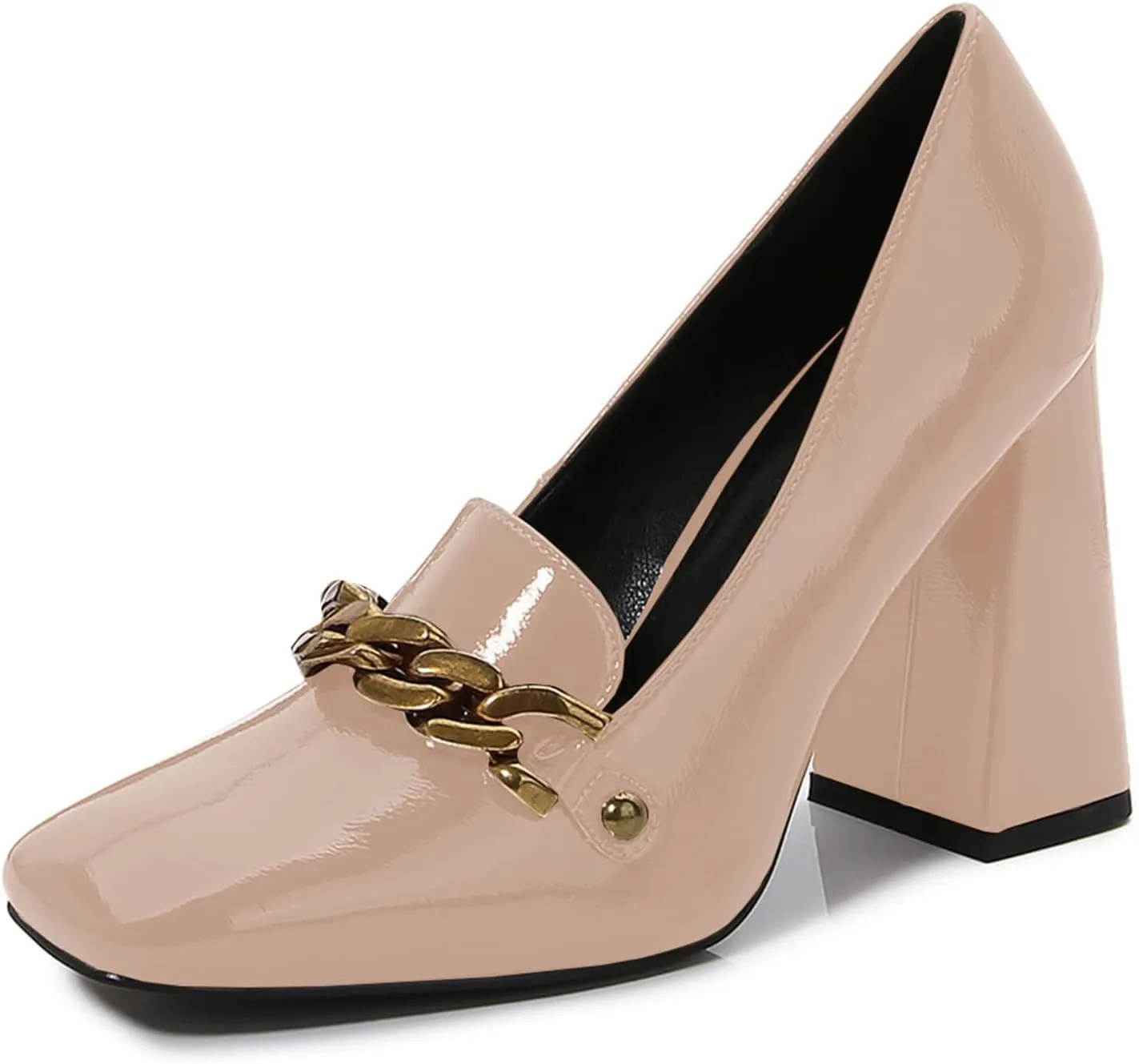 Lutalica W Women's Closed Square Toe Patent Leather Vintage Slip On Chain Buckle Chunky High Heel Dress Loafer Pumps