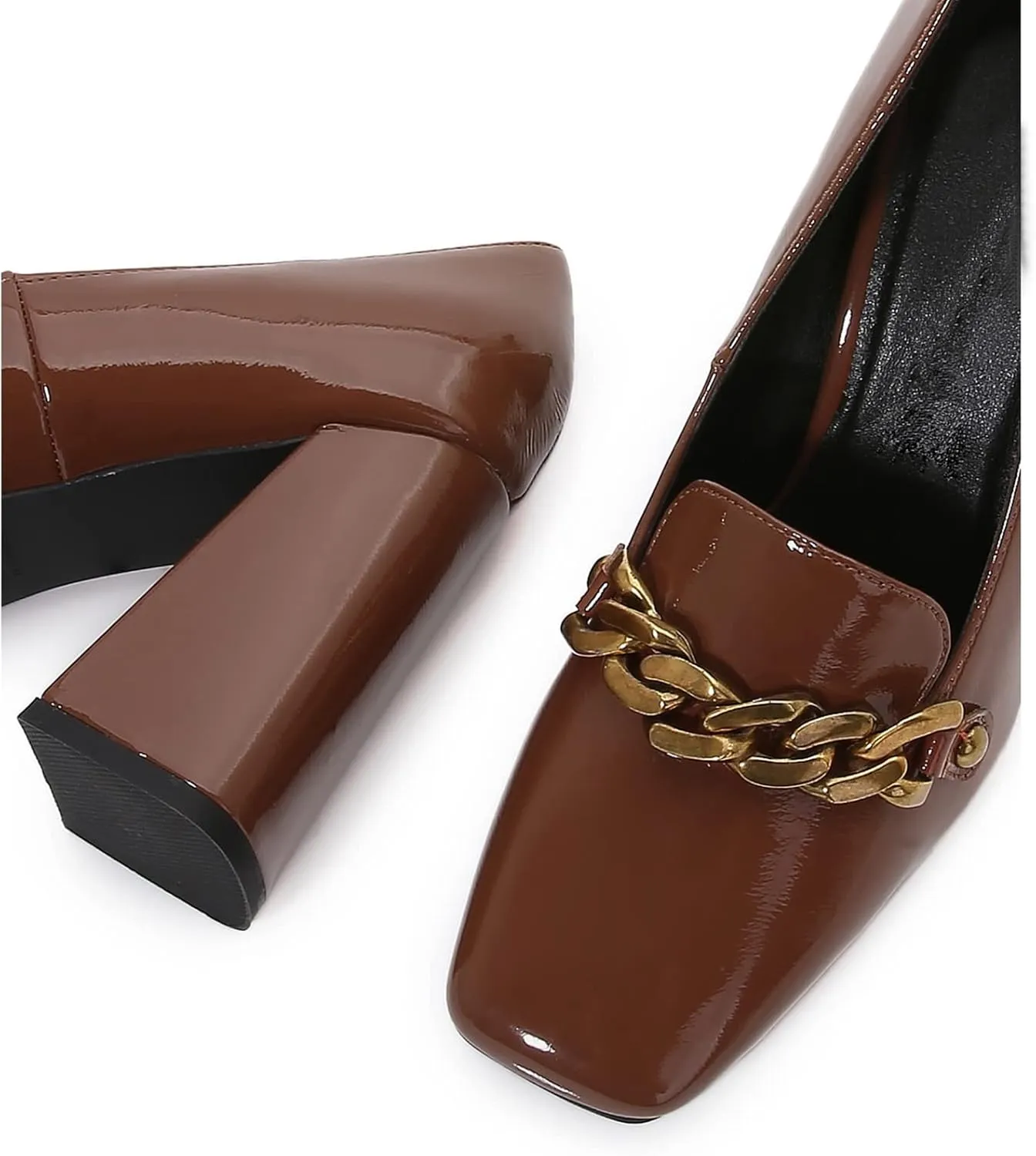 Lutalica W Women's Closed Square Toe Patent Leather Vintage Slip On Chain Buckle Chunky High Heel Dress Loafer Pumps