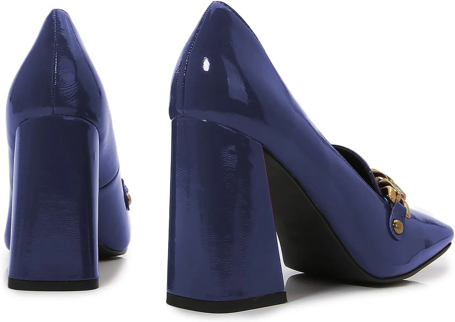 Lutalica W Women's Closed Square Toe Patent Leather Vintage Slip On Chain Buckle Chunky High Heel Dress Loafer Pumps