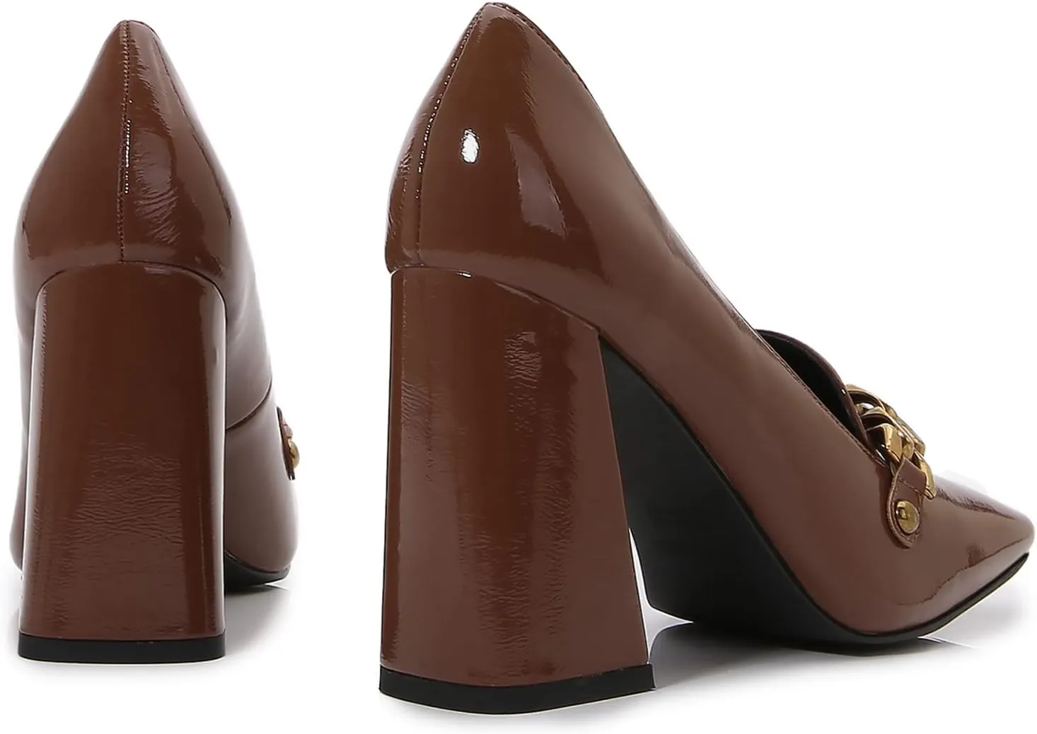 Lutalica W Women's Closed Square Toe Patent Leather Vintage Slip On Chain Buckle Chunky High Heel Dress Loafer Pumps