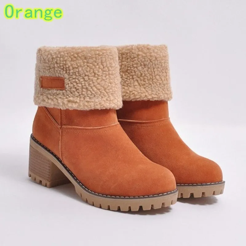 Owlkay Winter Mid-Calf Chunky Heel Suede Snow Boots