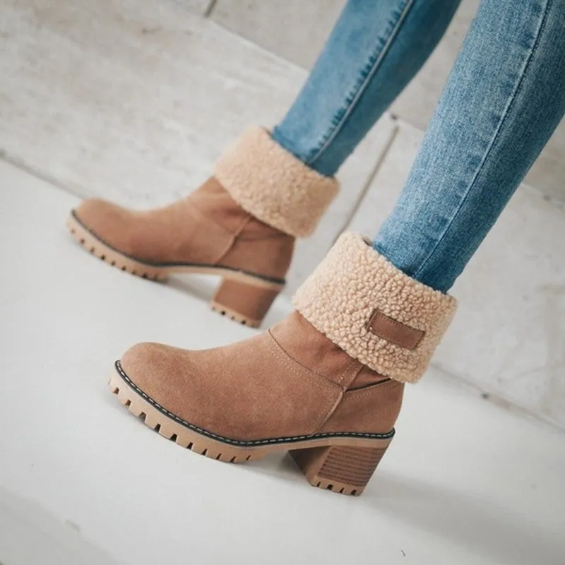 Owlkay Winter Mid-Calf Chunky Heel Suede Snow Boots
