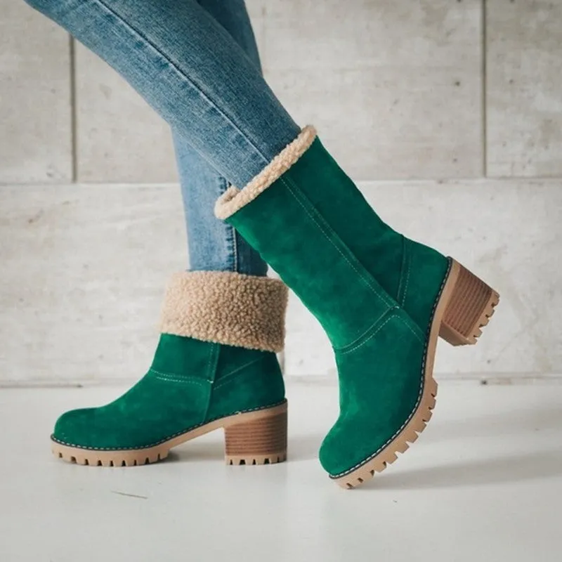 Owlkay Winter Mid-Calf Chunky Heel Suede Snow Boots