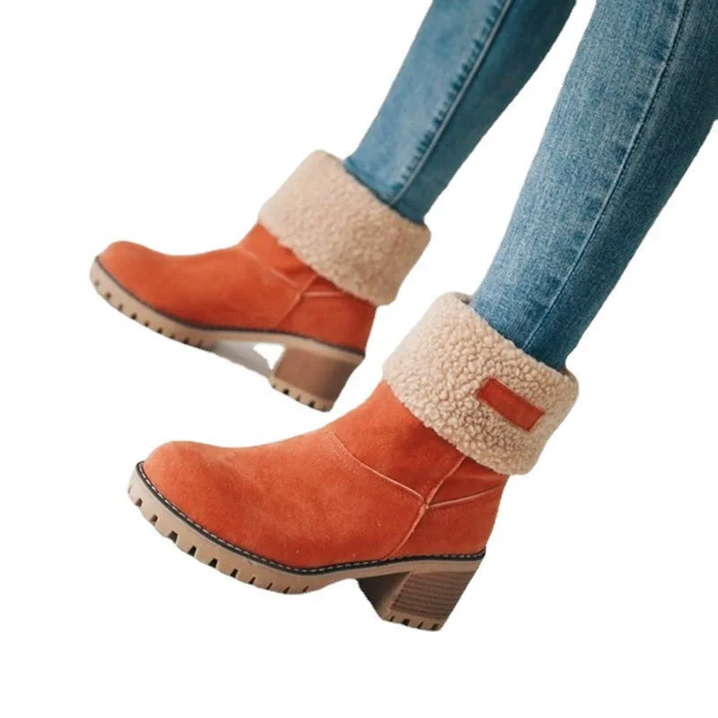 Owlkay Winter Mid-Calf Chunky Heel Suede Snow Boots