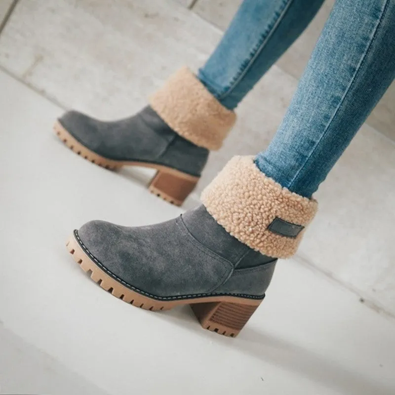 Owlkay Winter Mid-Calf Chunky Heel Suede Snow Boots