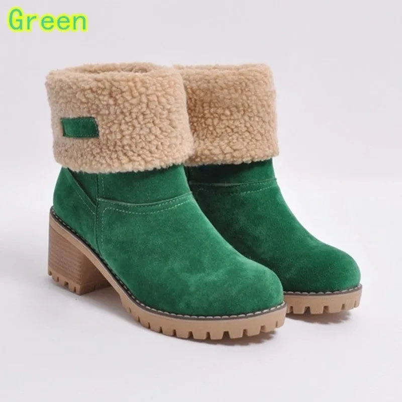 Owlkay Winter Mid-Calf Chunky Heel Suede Snow Boots