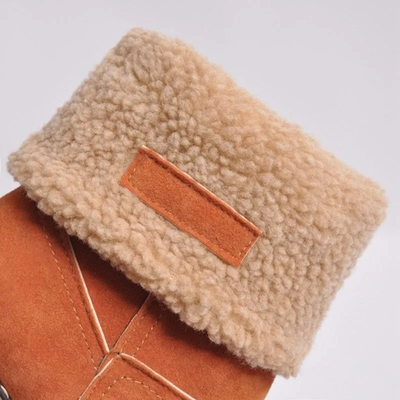 Owlkay Winter Mid-Calf Chunky Heel Suede Snow Boots