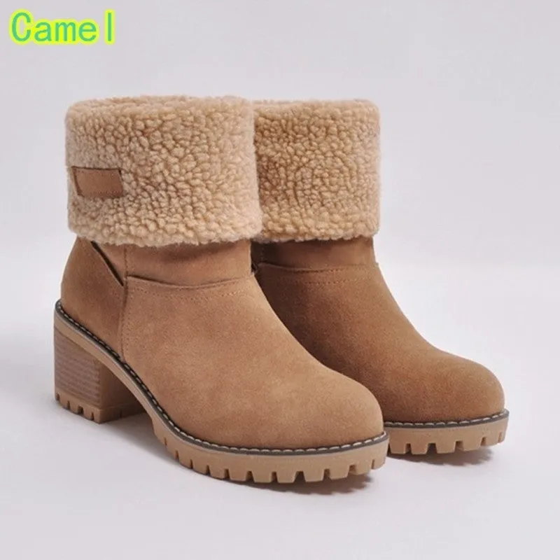 Owlkay Winter Mid-Calf Chunky Heel Suede Snow Boots