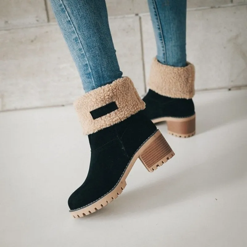 Owlkay Winter Mid-Calf Chunky Heel Suede Snow Boots