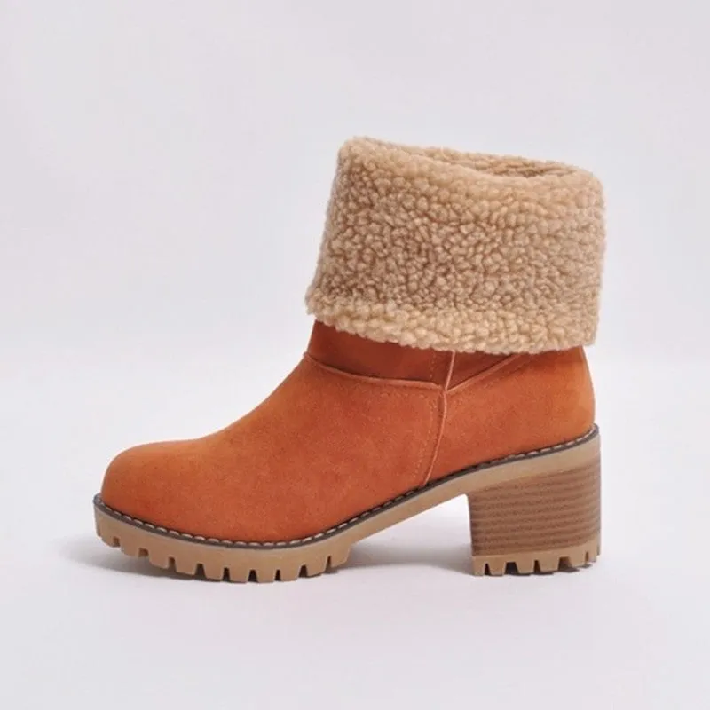 Owlkay Winter Mid-Calf Chunky Heel Suede Snow Boots